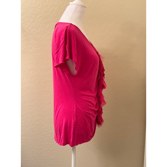 Rafaella Women's Pink Ruffled Front Short Sleeve V-Neck Blouse Size Large - Picture 2 of 8